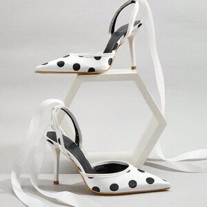 White Elegant Women's Satin Polka Dot Stiletto Heels